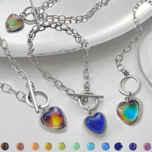 Colorful Changing Mood Magic Heart Shaped Pendant Bracelets Necklace for Women Girl Fashion Jewelry Sister Lovers Gifts