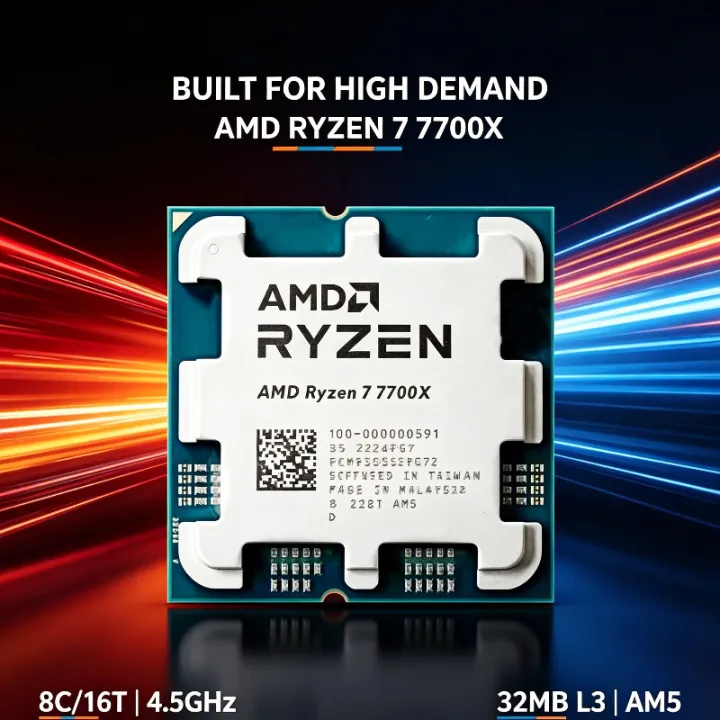 AMD | For AM5 Motherboard AMD R7 7700X Ryzen 7 7700X 8‑Core 16‑Thread 4.5GHz 5NM 32MB L3 Cache 100‑000000591 Tray CPU Without Cooler