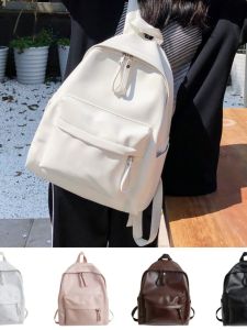 Yang Zhis Popular White Dual-Shoulder Backpack Soft PU Leather Ins-Style Student Bookbag with Zipper Closure and Cell Phone Pocket