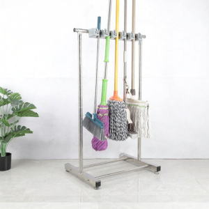 Stainless Steel Mobile Broom Sweeper Mop Holder School Cleaning Tools Storage Floor Standing Hook/Adhesive for Balcony Dormitory Classroom Office