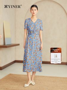 Summer Floral Print V-Neck High Waist Elastic Silk Dress