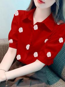 Summer New Womens Short Sleeve Shirt Loose Fashionable Color Block Grommet Doll Collar Belted Health Ring Casual Wear