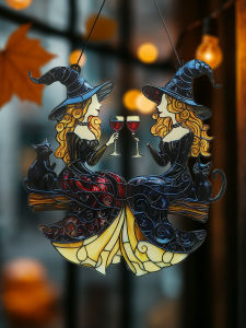 Acrylic Halloween Witch Hanging Decoration - Black Cat&Two Witches Toasting with Wine Glasses Wall Decor Gothic Window Ornament