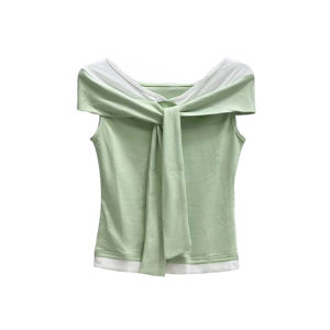 YUEZHONGWEI | Green Shoulder Tie Short Sleeve T-Shirt Womens Slim Fit Short Length Top Color Block Design Commute Style Summer New Arrival