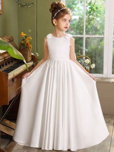 Princess White Satin Dress Childrens Piano Performance Outfit Flower Girl Ceremony Costume Little Hostess Evening Gown