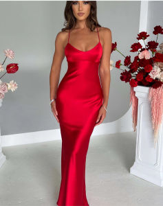Váy Satin Gợi Cảm Kiểu Halter Không Lưng Dây Đeo Eo Thắt Dáng Dài Cổ Chữ V Dây Spaghetti Dài Đến Đầu Gối Chất Liệu Polyester Thời Trang Nữ Trẻ.