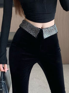 กางเกงยีนส์ทรงขาบานเอวสูงผ้ากำมะหยี่สีดำ ทรงเข้ารูป ทรงหลวม ยาวถึงพื้น ดีไซน์ฤดูใบไม้ร่วง/ฤดูหนาว กางเกงขายาวทรงขาบานสำหรับผู้หญิง