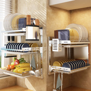 304 Stainless Steel Kitchen Storage Rack Bowl Rack Draining Rack Wall Hanging Plate Rack Tableware Household Storage Rack