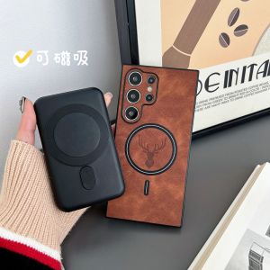 Cartoon Deer Head PU Leather Magnetic Case For Magsafe Samsung Galaxy S24 S25 Ultra S23 S22 Plus Ultra Magnetic Cover