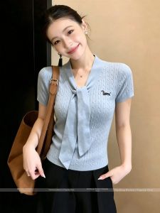 Korean Style V-Neck Embroidered Slim Fit Short Sleeve Knit Top