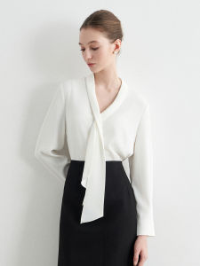 USSHEEN Minimalist Commute Elegance V-Neck White Chiffon Sash Shirt OL Professional Wear Polyester Fiber Long Sleeve Womens Blouse