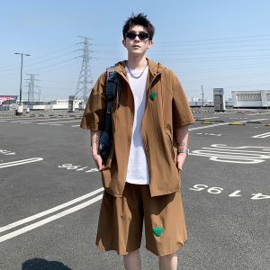 HetingHOME | Hetinghome Summer Trendy Couple Loose Fit Mens Jacket Shorts Set Casual American Style Short Sleeve Outerwear Shirt