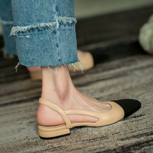 Soft Leather Color Block Sandals Flat Heel High Heel French Style Spring New Small Fragrance Wind Womens mid Heel Shoes