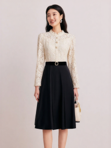 Koradior | Elegant and Youthful Lace Patchwork Long Sleeve Dress