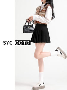 Black A-Line Mini Skirt Womens Spring 2025 High Waist Pleated Suiting Anti-Light Short Skirt Slimming Flared Skirts