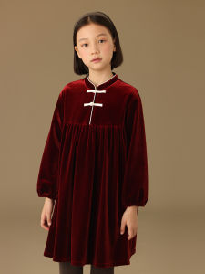 New Chinese Style Velvet Dress Red Color Childrens Clothing Autumn Winter Season Girls Skirt A-Line Long Sleeve Birthday Party