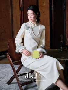 JK＆JS | Đầm Dài Phong Cách Trung Quốc Mới Thêu Lụa Len Ấm Áp Thu Đông