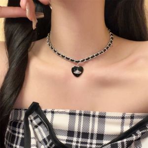 Black Heart Saturn Woven Necklace: Cool Spicy Alloy Pendant for Women