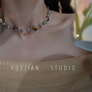 YUEJIAN New York Bảo Tàng Nghệ Thuật Đá Mắt Hổ Xám Đá Vòng Cổ Đính Cườm Nữ Xương Đòn Cao Cấp Áo Len Dây Chuyền Phụ Kiện Trang Sức Thời Trang