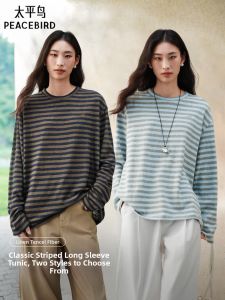 PEACEBIRD | Linen Tencel Striped Long Sleeve T-Shirt