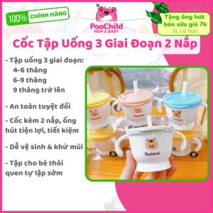Cốc tập uống nước cho bé Kichilachi 3 giai đoạn 2 nắp cốc tập hút cho bé Kichi ống hút silicone