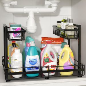 URluna 2 Tier Under Sink Organizer Pull-Out Under Sink Drawer Cabinet Organizer for Kitchen & Bathroom Storage Metal Furniture