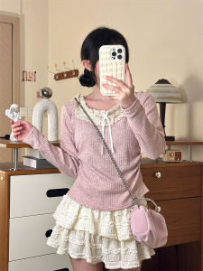 Korean Style Long Sleeve T-Shirt Butterfly Knot Lace Splicing U-Neck Knitted Short Waist-Cinching Top Womens Gentle Wind