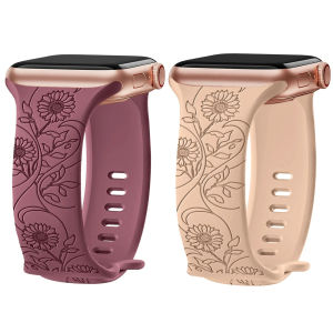 Floral Engraved Strap for Apple Watch Ultra 2 46mm 49mm 45mm 41mm 40mm 44mm 38mm 42mm Women iWatch Silicone Band for Apple Watch Ultra Series 10 9 8 7 6 5 4 3 2 1 SE SE2