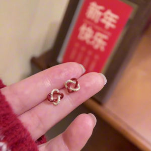 Elegant Red Diamond Knot Rope Stud Earrings Minimalist Cool Style Unique Design Fashionable Luxury Ear Jewelry