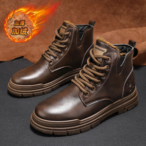 Mens Winter Warm Fleece Lined High Top Martin Boots Retro British Style Workwear Short Boots Casual round Toe Low Heel