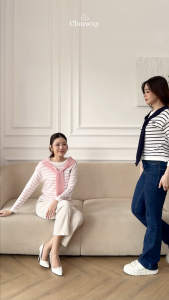 Clouwny Genevi Scarf Stripes Atasan Wanita Lengan Pendek Premium Knitt Cotton Korean Look