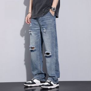 ROMON | Romon Mens Summer Thin Denim Jeans Tear Hole Wide Leg Loose Straight Casual Long Pants American Style Retro Trendy Teenage
