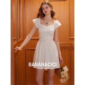 BANANA CICI | Banana Cici French Vintage Waist Cinched Short Skirt Slimming Casual A-Line Dress Summer Commute Style Gathered Waist Skirt