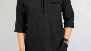 Mens Kurta with 3/4 Sleeves and Chest Pocket in Black and Beige Muslim Dress Front Zip band Collar Design Trending Viral Casual Shirt