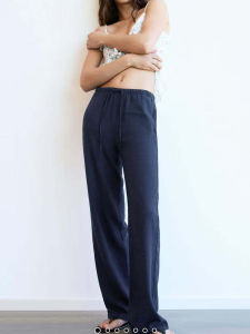 Casual High Waist Wide Leg Pants Pure Color Mixed Linen Elastic Waist Womens Fashion Summer Breathable Comfortable Straight Tube