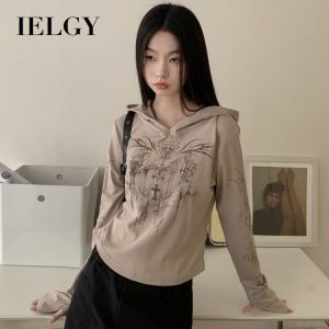 Ielgy Áo thun nữ dài tay ngắn áo nỉ có mũ thường ngày