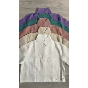 S1B01 เสื้อแขนสั้นคอปกผู้หญิง ครอป ผ้าลินิน กระดุม1เม็ด สีพาสเทล น่ารัก สดใส