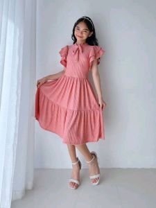 Girls Ruffle Sleeve Midi Dress | Kids Ribbon Neck Dress | Soft Cotton Party Dress for Girls | Casual Princess Dress 7-12 Years Old