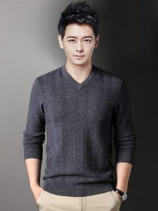 ROMON | Romon Mens Knitted Sweater V-neck Thickened Warm Pure Wool Slim Fit Winter Fashion City Casual Long Sleeve Yarn Knitwear