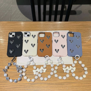 Silver Metal Frame Heart Shaped Phone Case for Apple 16PRO Simple Elegant Beaded Chain Protective Cover for iPhone XS