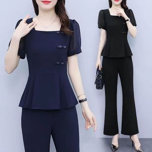 plus Size Women Slimming Set Summer New Style Big Women Fashionable Two-Piece Suit Polyester Material High Waist Design