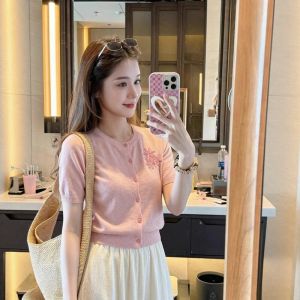 CHOEFULYN | Elegant Pink Short Sleeve Knit Cardigan