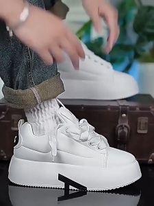 Casual round-toe lace-up chunky sneakers unique solid color white sneakers height-increasing leather platform shoes mens black student shoes work shoes