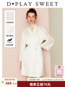 ชุดนอนผ้าซาตินลูกไม้สีขาวหรูหราสไตล์ฝรั่งเศส Dplaysweet ชุดนอนผู้หญิง ชุดนอนฤดูใบไม้ผลิ ชุดนอนสั้น ชุดนอนผ้าซาติน