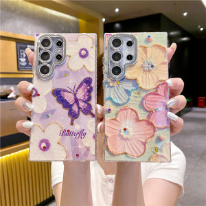 CrashStar With Glitter Lens Films Fashion Diamond Oil Painting Flower Butterfly Phone Case For Samsung Galaxy S25 S24 Ultra S23 Plus + S22 Ultra Luxury Hard Shockproof Phone Casing Cover Shell With Full Cover Camera Protection