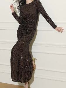 Luxurious Elegant French Retro Dark Brown Gold Dress