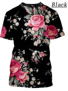 3D Floral Print Loose round Collar T-shirt 3D Flower Loose round Neck T-shirt