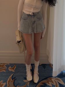 Matou กระโปรงยีนส์ทรงเอเอวสูง ความยาวสั้น ผ้าผสมโพลีเอสเตอร์ ฤดูใบไม้ร่วง 2023 กระโปรงสั้นทรงเอเอวสูงสไตล์เรโทรสำหรับเด็กผู้หญิง