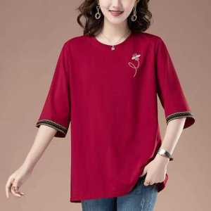Middle-Aged and Elderly Womens T-shirt Short-Sleeved Womens Cotton Summer Mid Length Long Length Loose Slim Looking Large Size Three Quarter Sleeve Shoulder Top