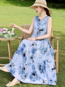 Elegant Fashionable Silk Cotton Summer Dress Womens Sleeveless Vest Dress Loose plus Size Strap Dress round Neck A-Line Gown